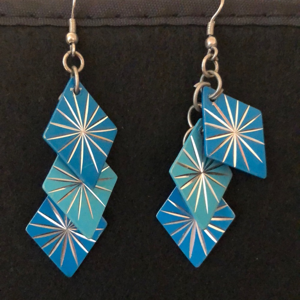 Blue Turquoise Etched Metal Earrings